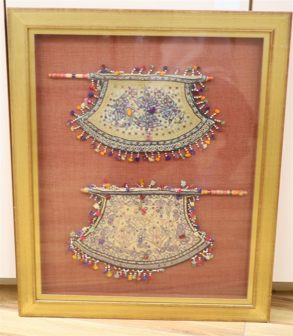 Two Chinese framed beaded embroideries, framed as one